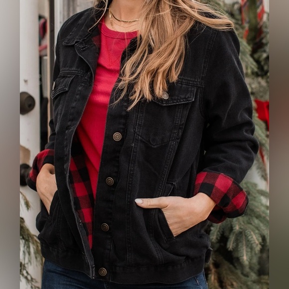 Thread & Supply Black Jean Jacket w/ Black Red Plaid Flannel Inner Lining Size S - Picture 4 of 15